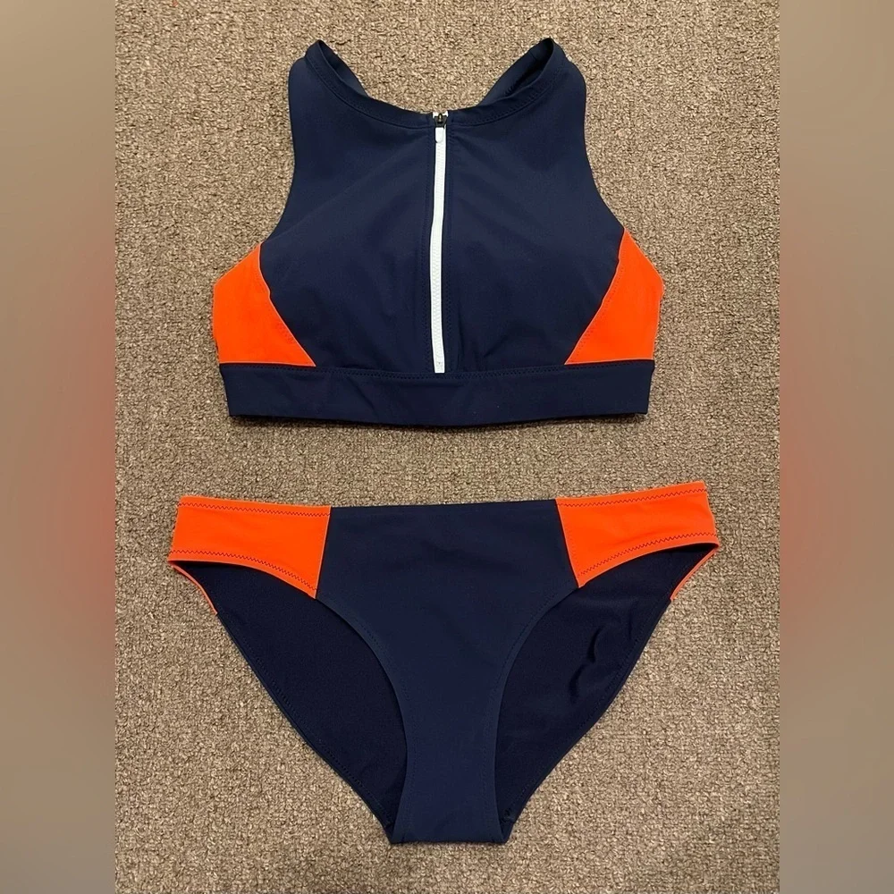 Athleta Colorblock Zip Front Bikini Set Navy Deep Orange Sz Small